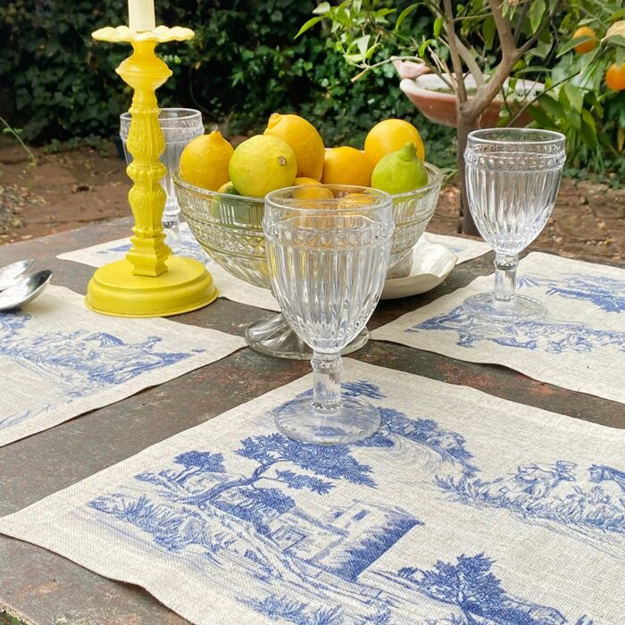 Set de Individuales Toile de Jouy Azul - Linet Natural - Imagen 2